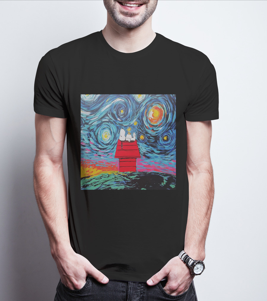 Snoopy And Woodstock On The Doghouse Under A Starry Night T-Shirt