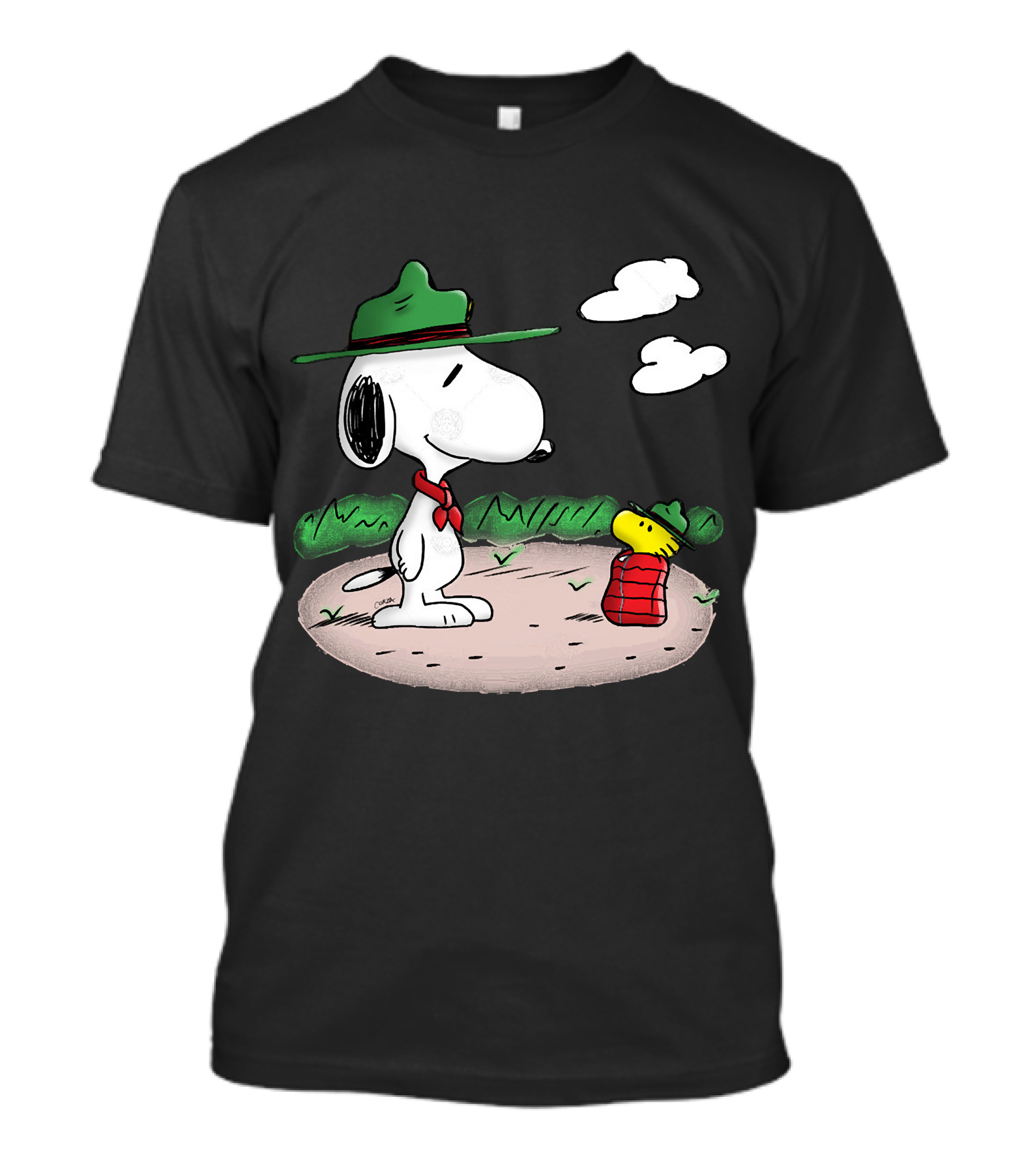 Snoopy Woodstock Camping Adventure With Green Hats And Red Scarf T-Shirt