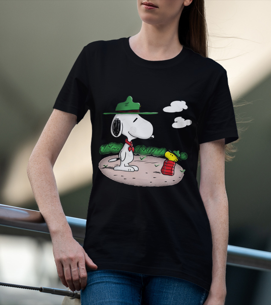 Snoopy Woodstock Camping Adventure With Green Hats And Red Scarf T-Shirt