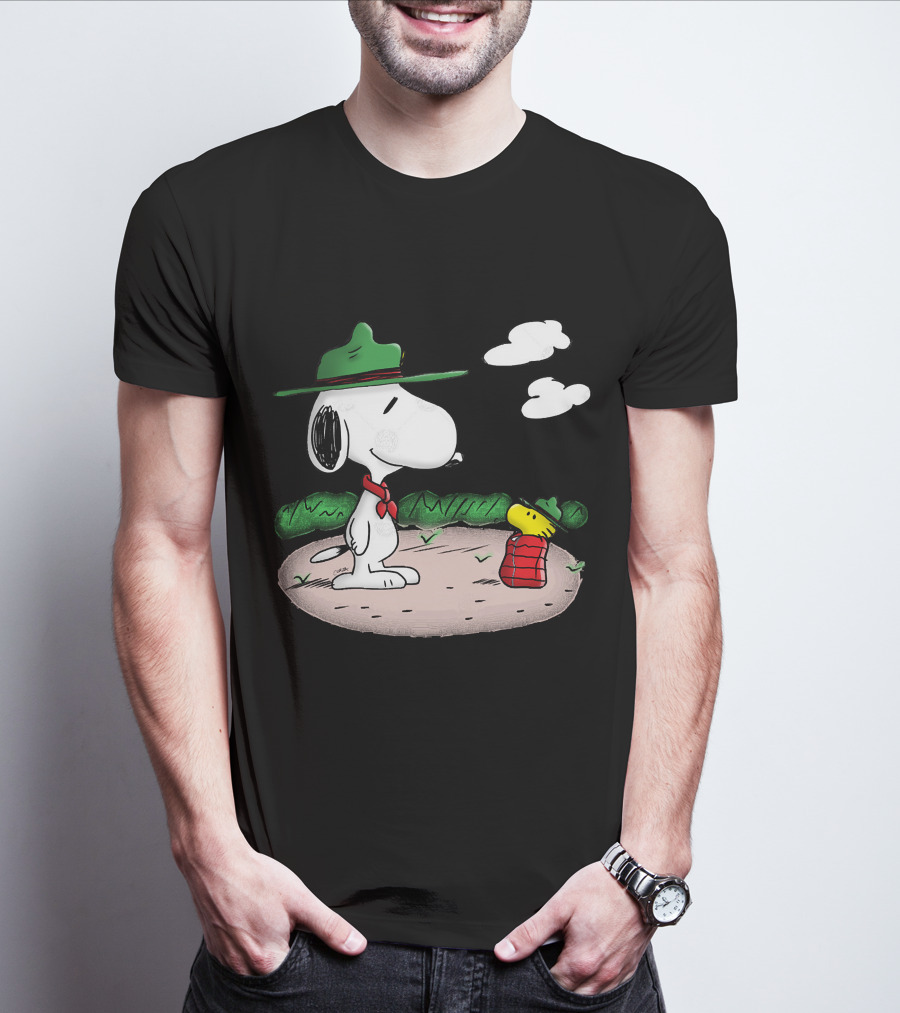 Snoopy Woodstock Camping Adventure With Green Hats And Red Scarf T-Shirt