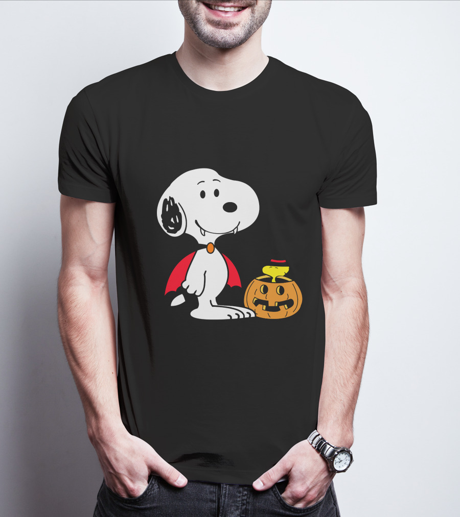 Snoopy Halloween Vampire With Woodstock In Pumpkin Hat T-Shirt