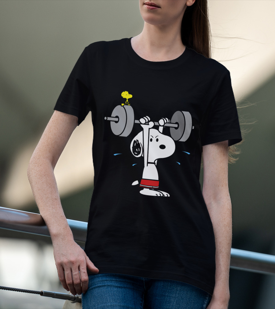 Snoopy Weightlifting With Woodstock On Barbell T-Shirt