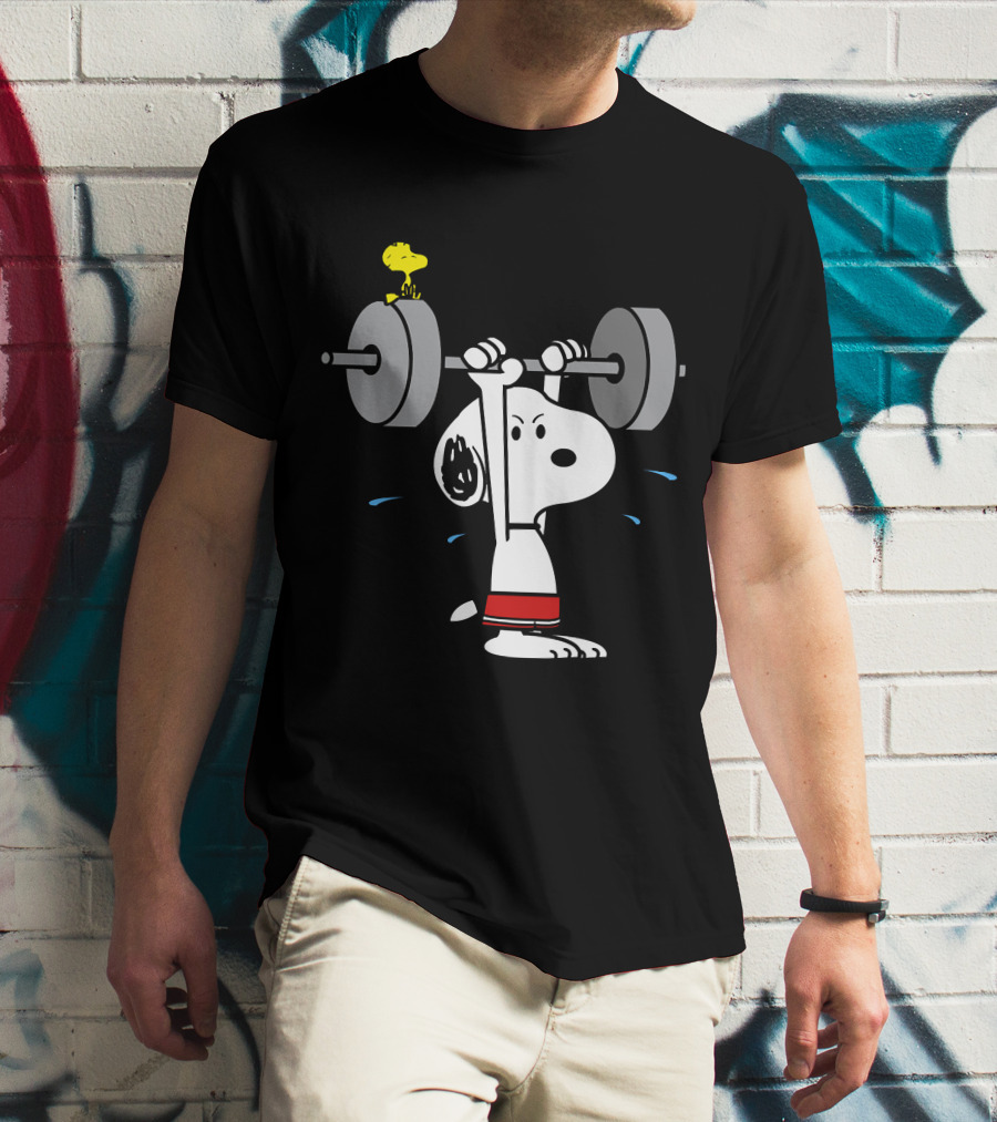 Snoopy Weightlifting With Woodstock On Barbell T-Shirt