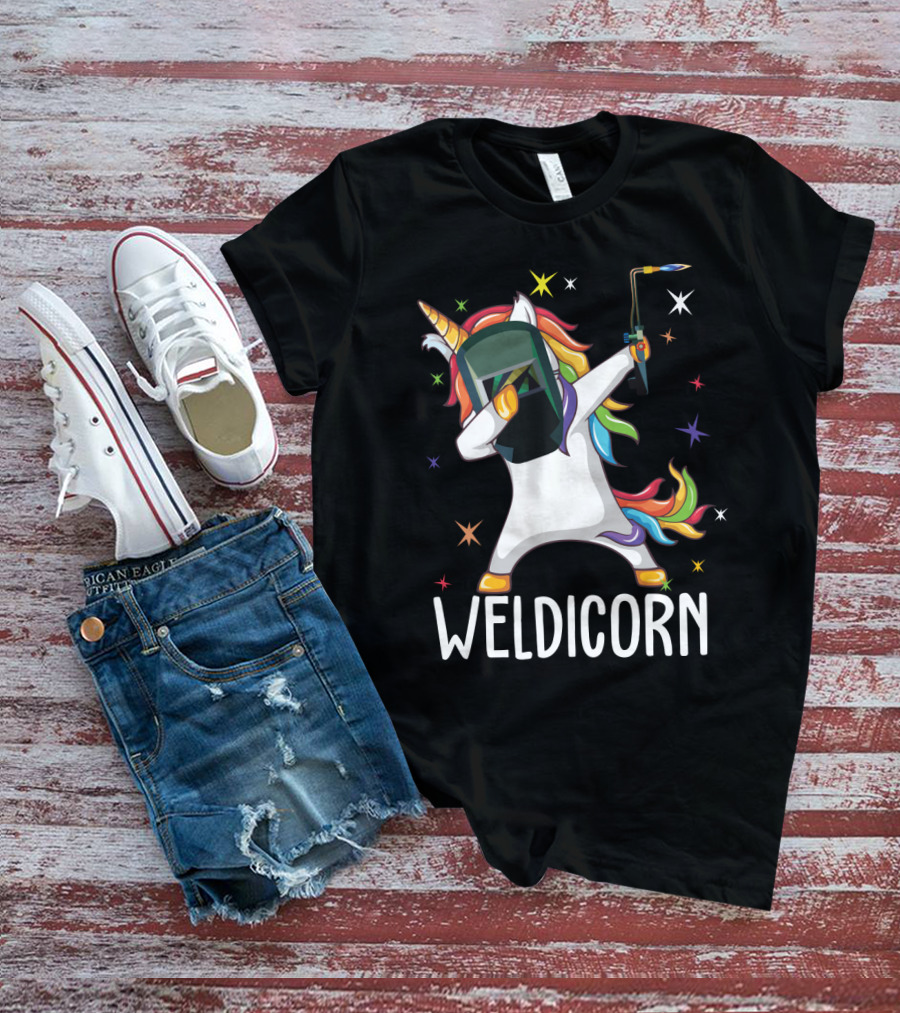 Weldicorn Funny Welder Unicorn Dabbing With Rainbow Mane And Welding Torch T-Shirt