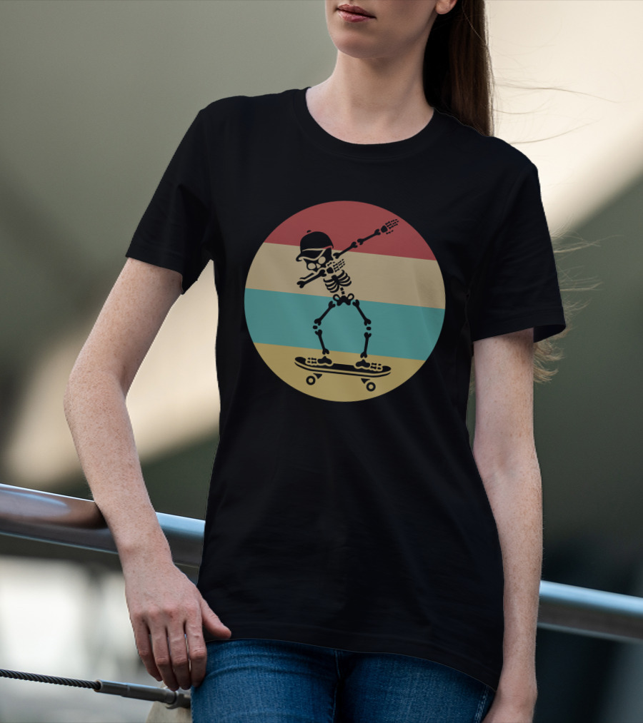 Dabbing Skeleton Skateboarder Retro Stripes Vintage Sunset T-Shirt