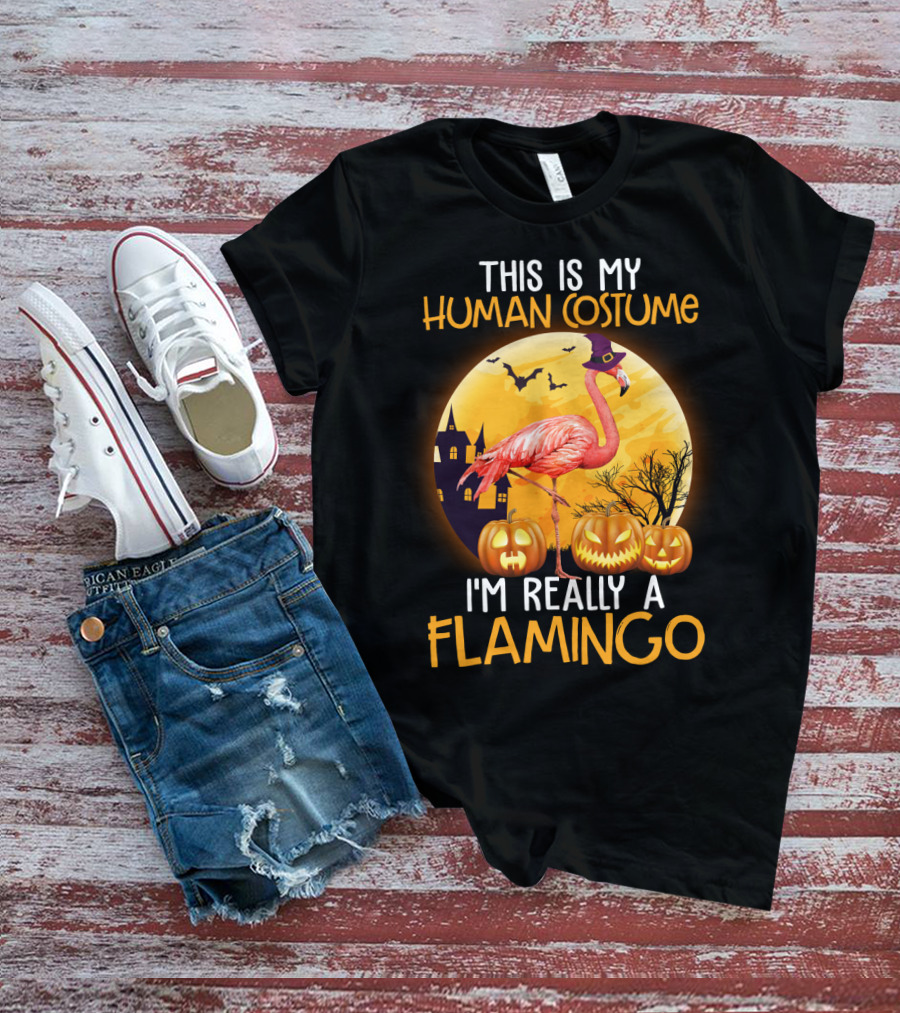 This Is My Human Costume I'm Really A Flamingo Halloween Witch With Pumpkins And Bats T-Shirt