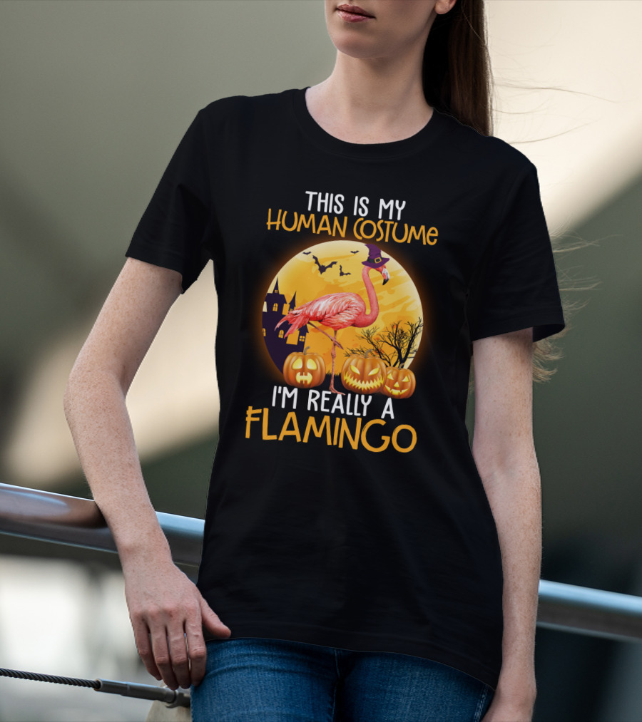 This Is My Human Costume I'm Really A Flamingo Halloween Witch With Pumpkins And Bats T-Shirt
