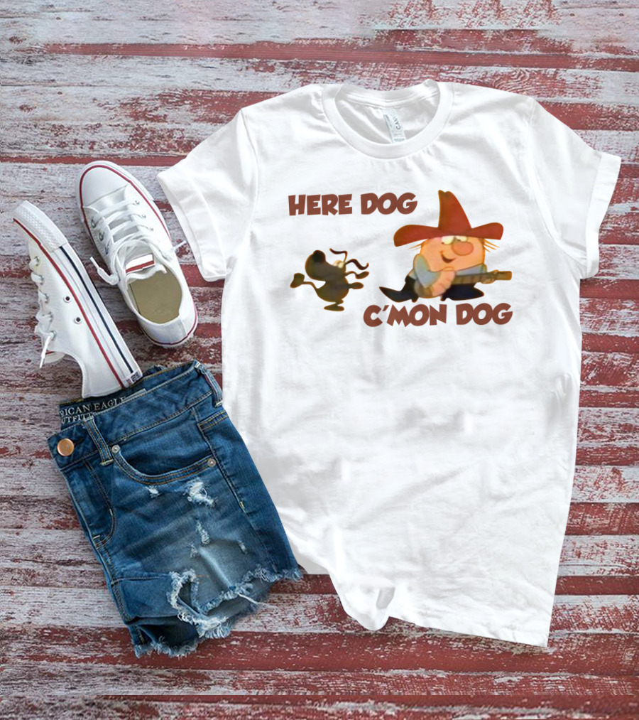 Here Dog C'mon Dog Cartoon Character With Cowboy Hat And Guitar T-Shirt