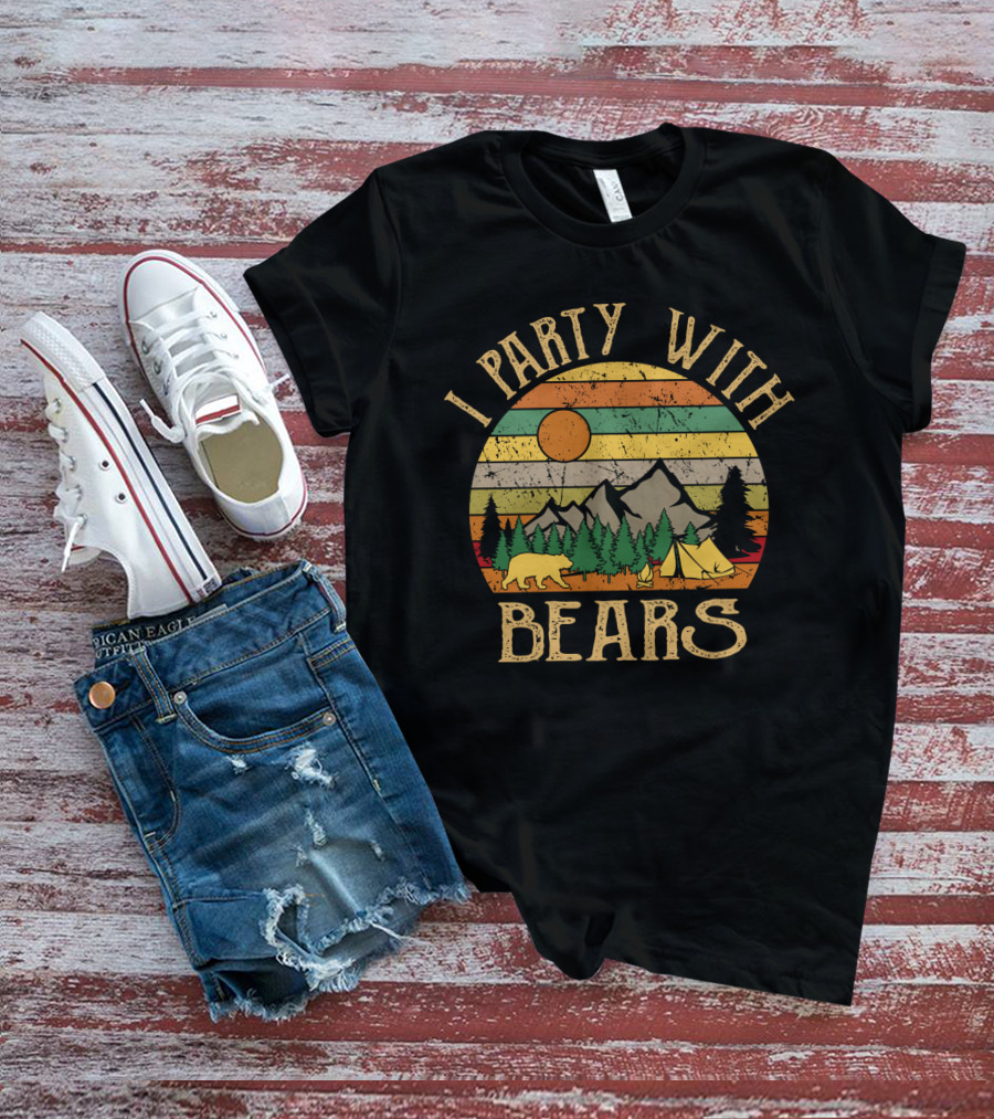 I Party With Bears Retro Sunset Camping Adventure Scene T-Shirt