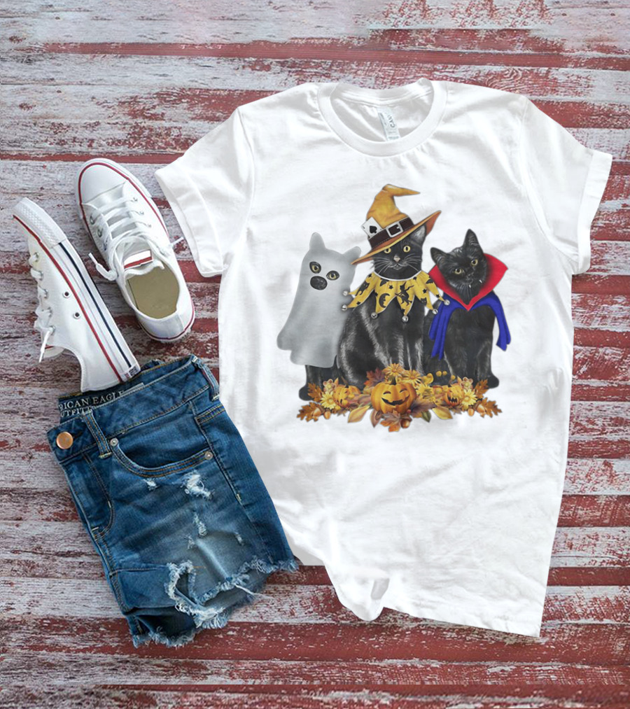 Black Cat Witch Boo Vampire Halloween With Pumpkins And Ghost Costume T-Shirt