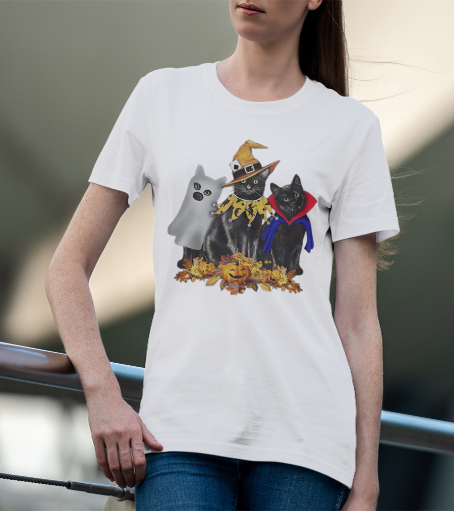 Black Cat Witch Boo Vampire Halloween With Pumpkins And Ghost Costume T-Shirt