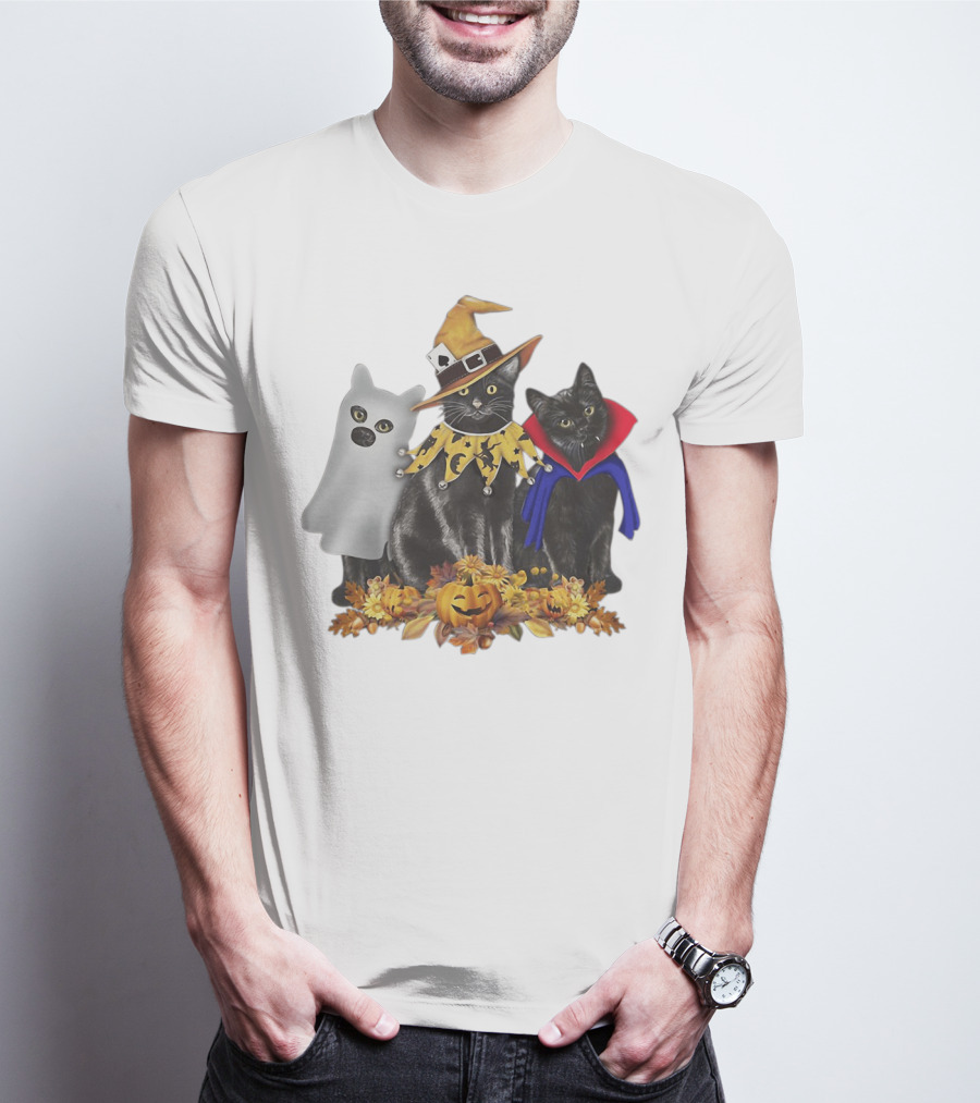 Black Cat Witch Boo Vampire Halloween With Pumpkins And Ghost Costume T-Shirt