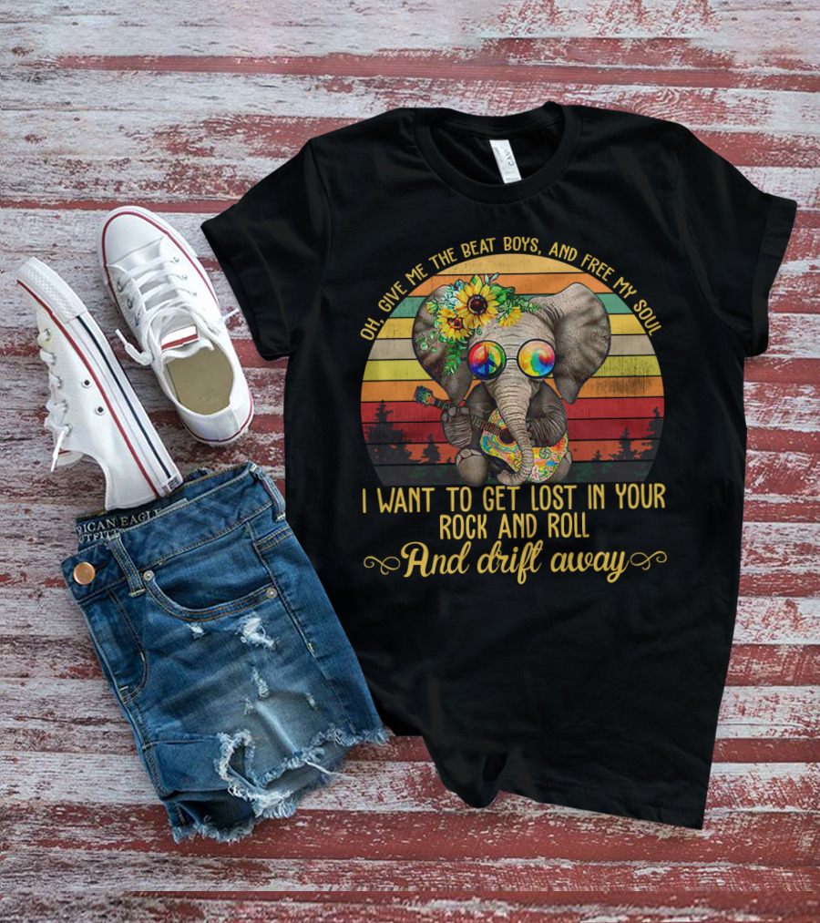 Oh Give Me The Beat Boys And Free My Soul I Want To Get Lost In Your Rock And Roll And Drift Away Retro Elephant With Guitar And Flowers T-Shirt