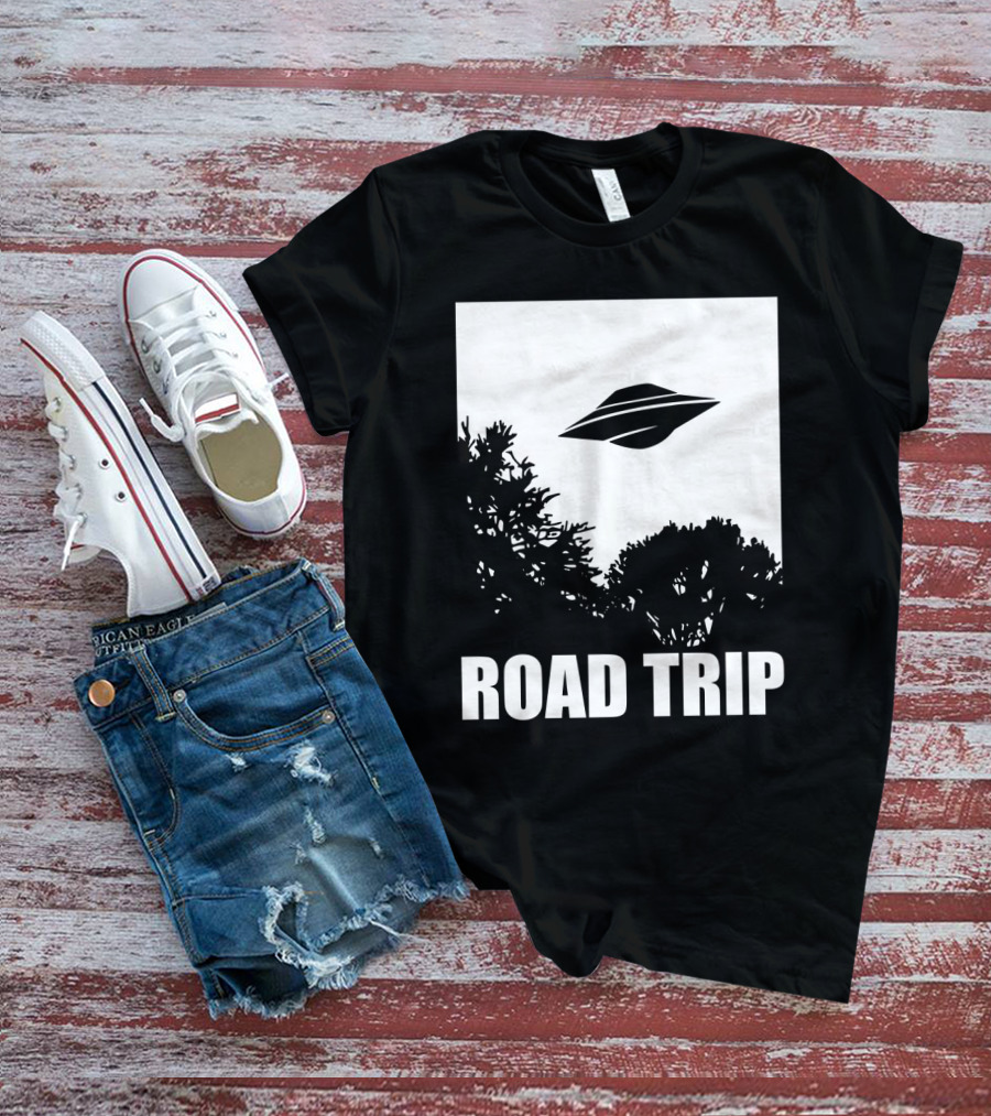 Road Trip UFO Flying Over Silhouette Trees T-Shirt