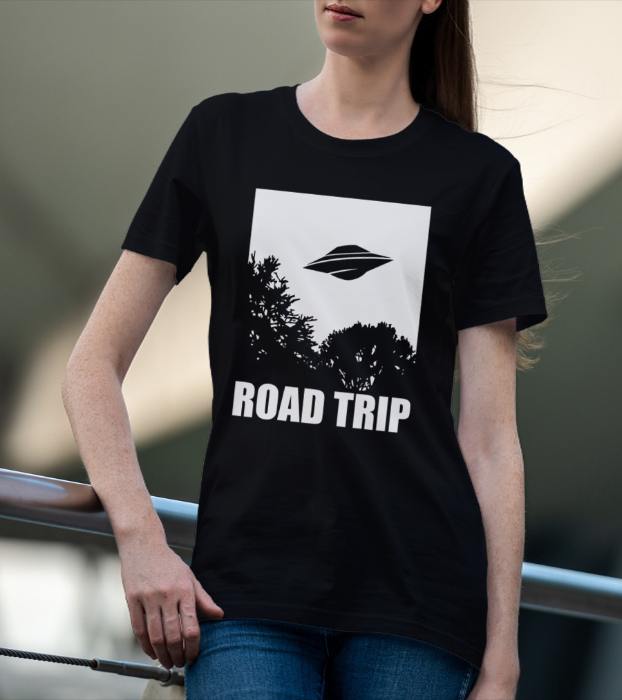 Road Trip UFO Flying Over Silhouette Trees T-Shirt