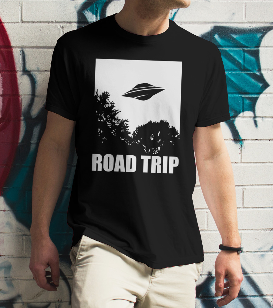 Road Trip UFO Flying Over Silhouette Trees T-Shirt