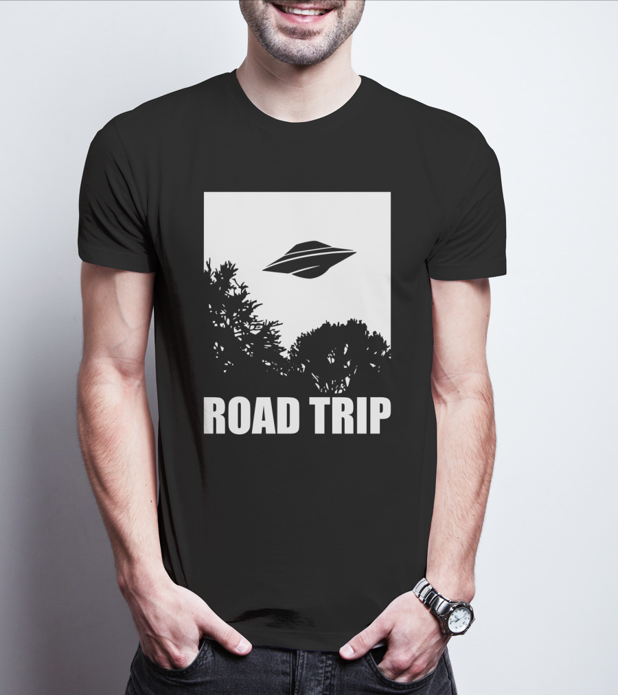 Road Trip UFO Flying Over Silhouette Trees T-Shirt