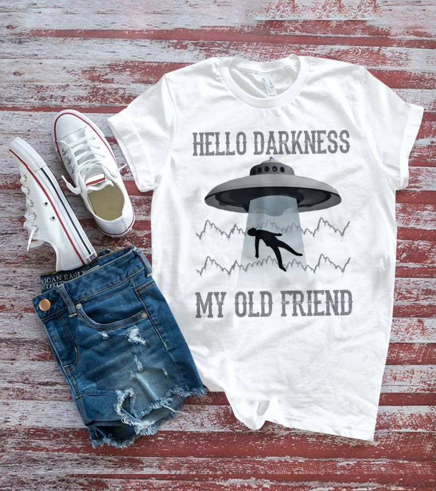 Hello Darkness My Old Friend UFO Abduction Silhouette In Forest Scene T-Shirt