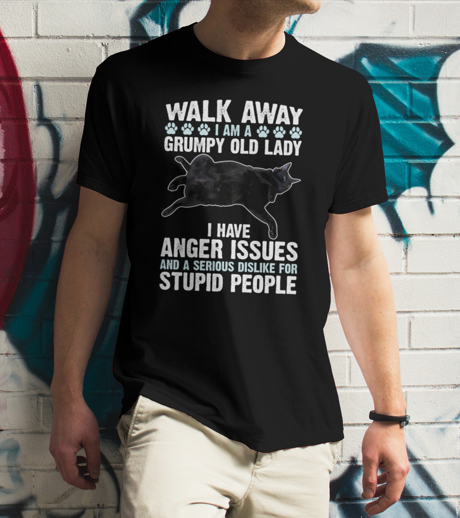 Walk Away I Am A Grumpy Old Lady Black Cat Anger Issues Dislike For Stupid People T-Shirt