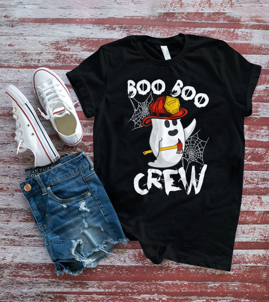 Boo Boo Crew Ghost With Firefighter Helmet And Axe Halloween T-Shirt