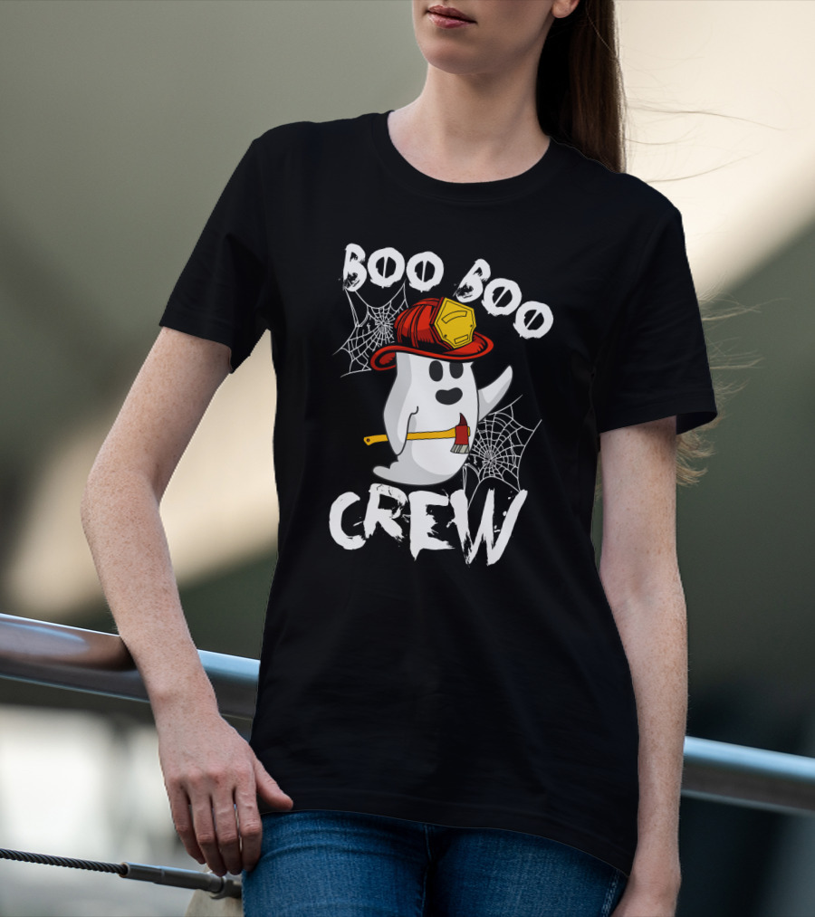 Boo Boo Crew Ghost With Firefighter Helmet And Axe Halloween T-Shirt