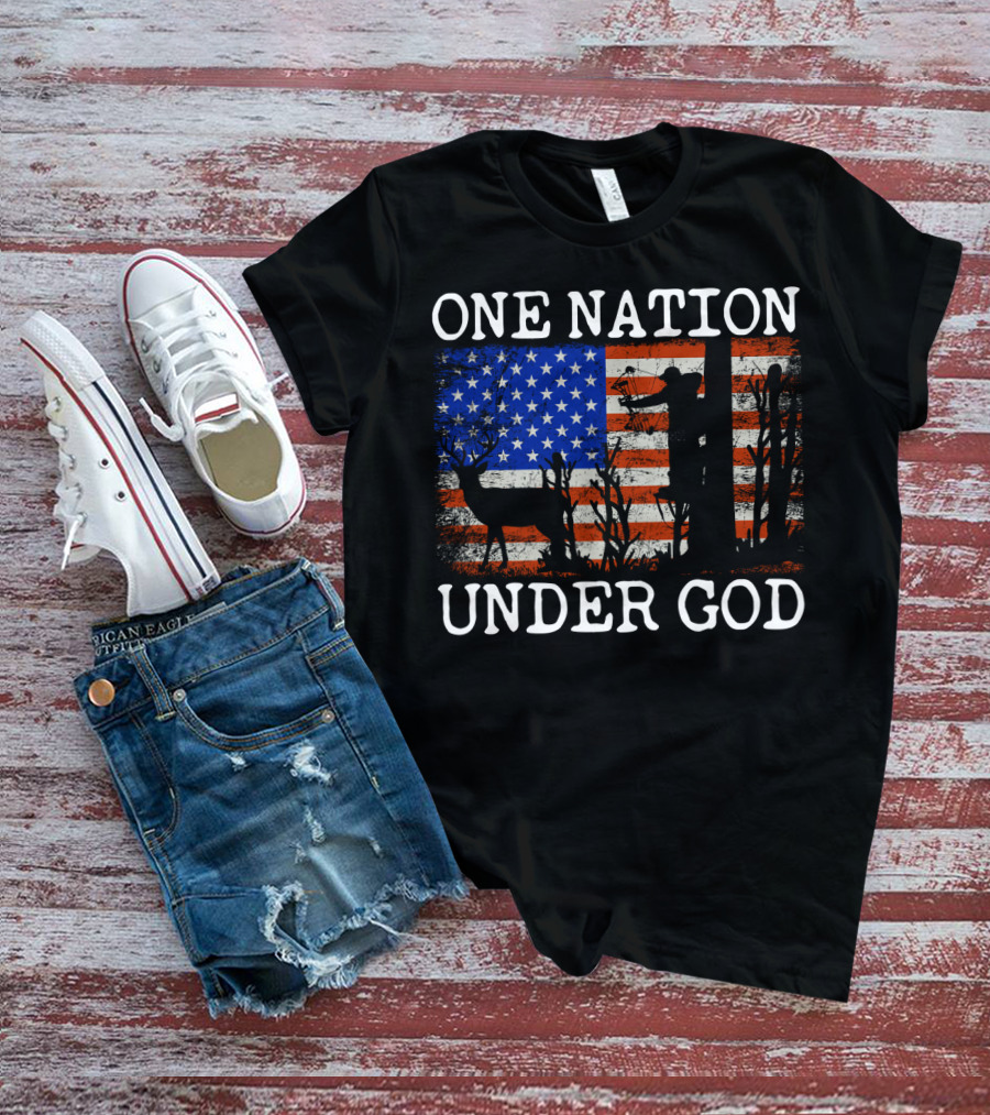 One Nation Under God American Flag Deer Hunting Bow Hunter T-Shirt