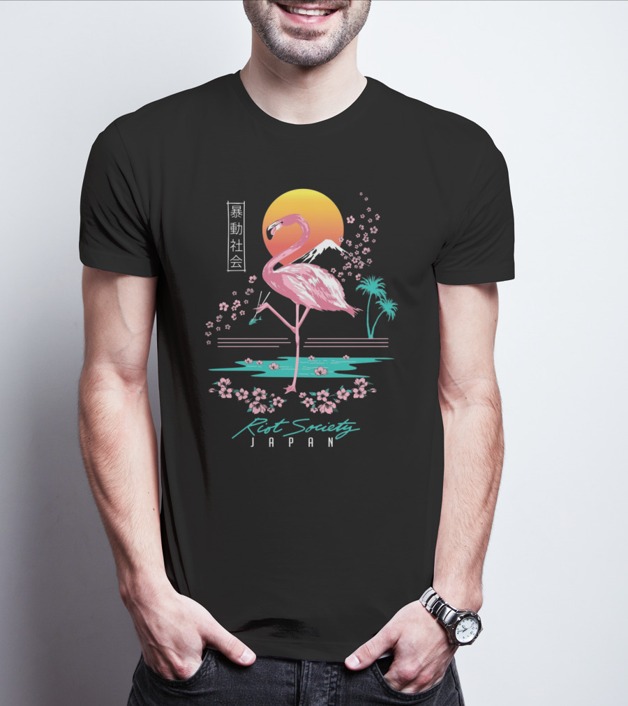 Riot Society Japan Flamingo Blossom Sakura Sunset T-Shirt