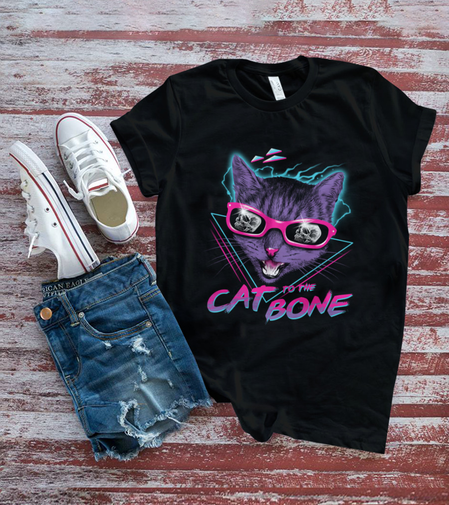 CAT TO THE BONE Retro Neon Cool Cat In Sunglasses With Skull Reflections T-Shirt