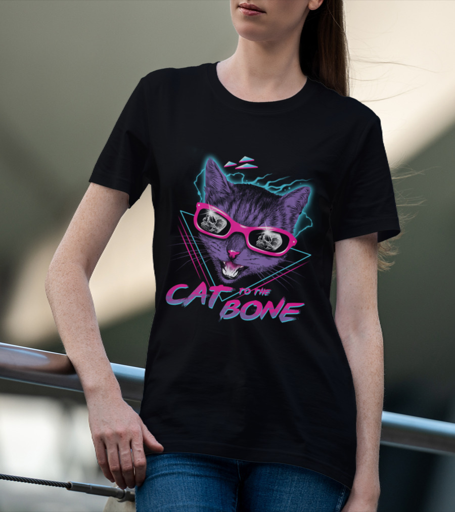 CAT TO THE BONE Retro Neon Cool Cat In Sunglasses With Skull Reflections T-Shirt