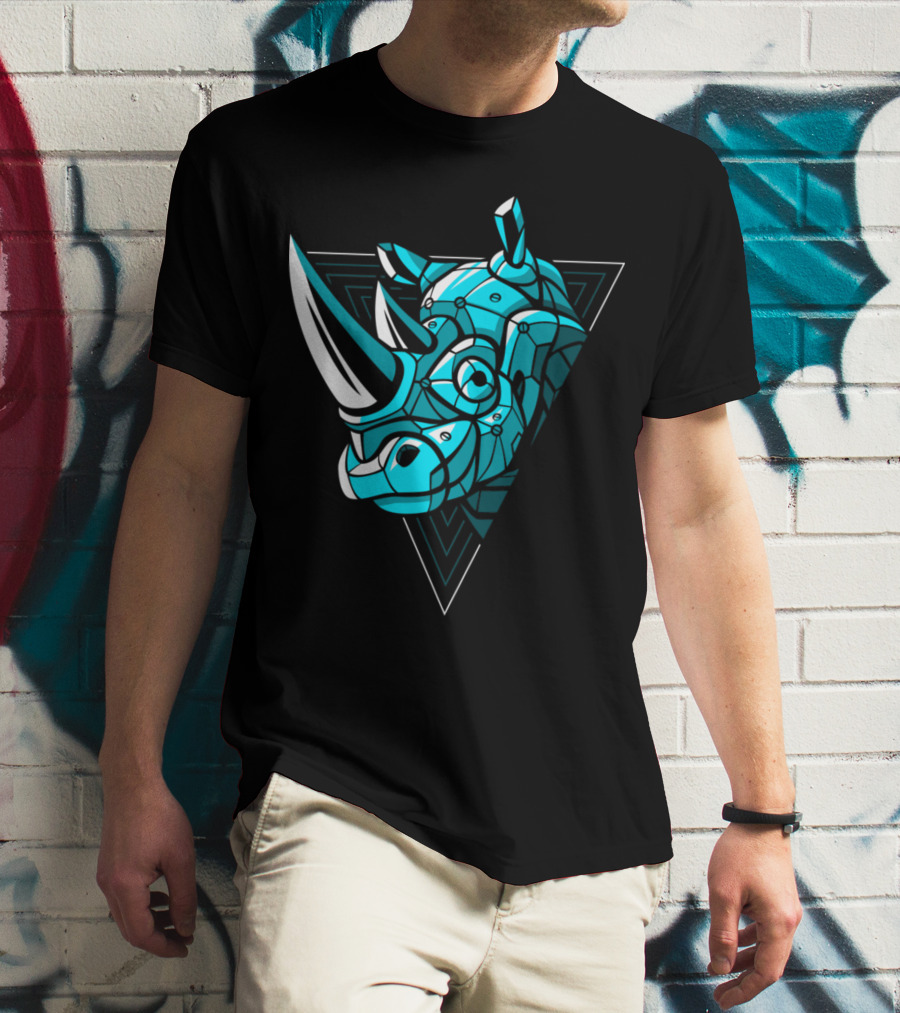 Cybernetic Blue Rhino With Neon Triangle Punk T-Shirt