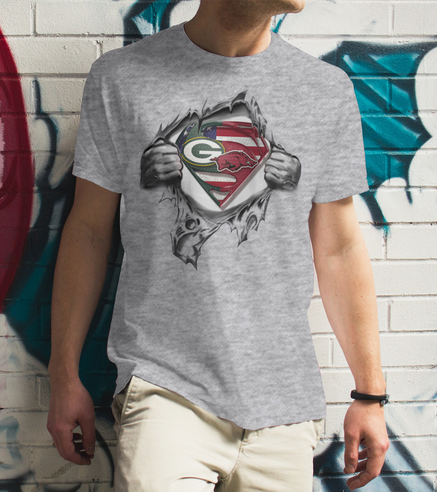 Green Bay Packers Arkansas Razorbacks Superman Logo American Flag Background T-Shirt