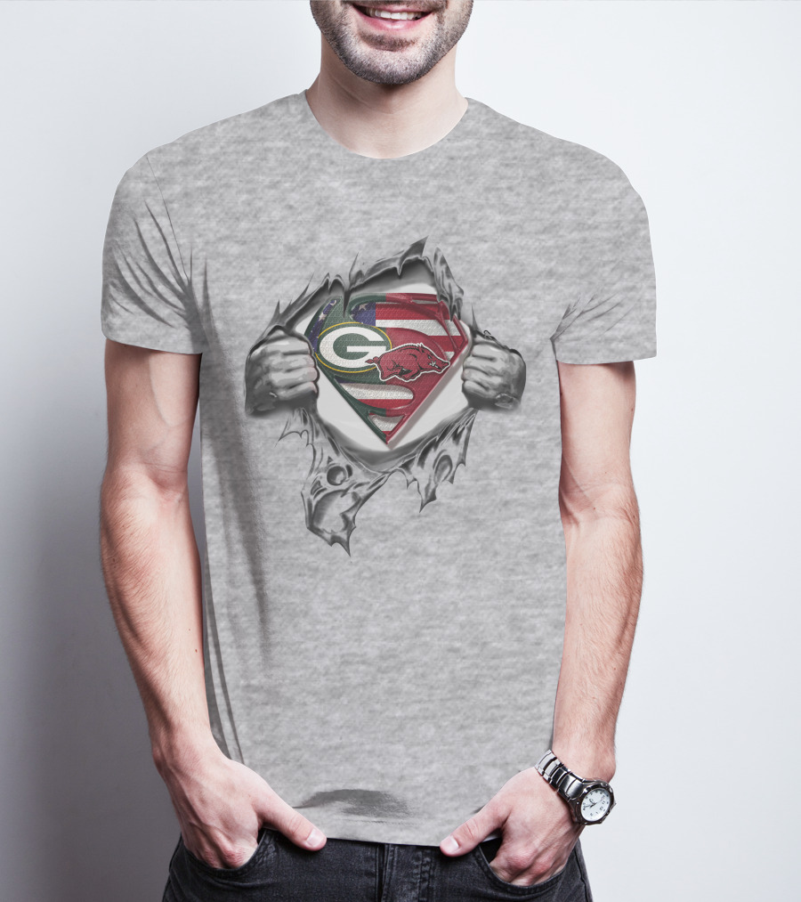 Green Bay Packers Arkansas Razorbacks Superman Logo American Flag Background T-Shirt
