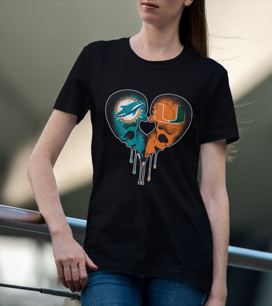 Miami Dolphins Hurricanes Love Heart Skull T-Shirt