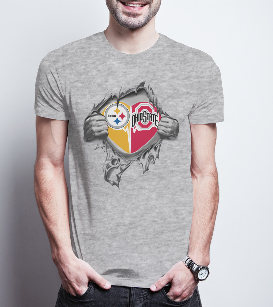 Steelers Heart Ohio State Buckeyes Logo With Ripped T-Shirt