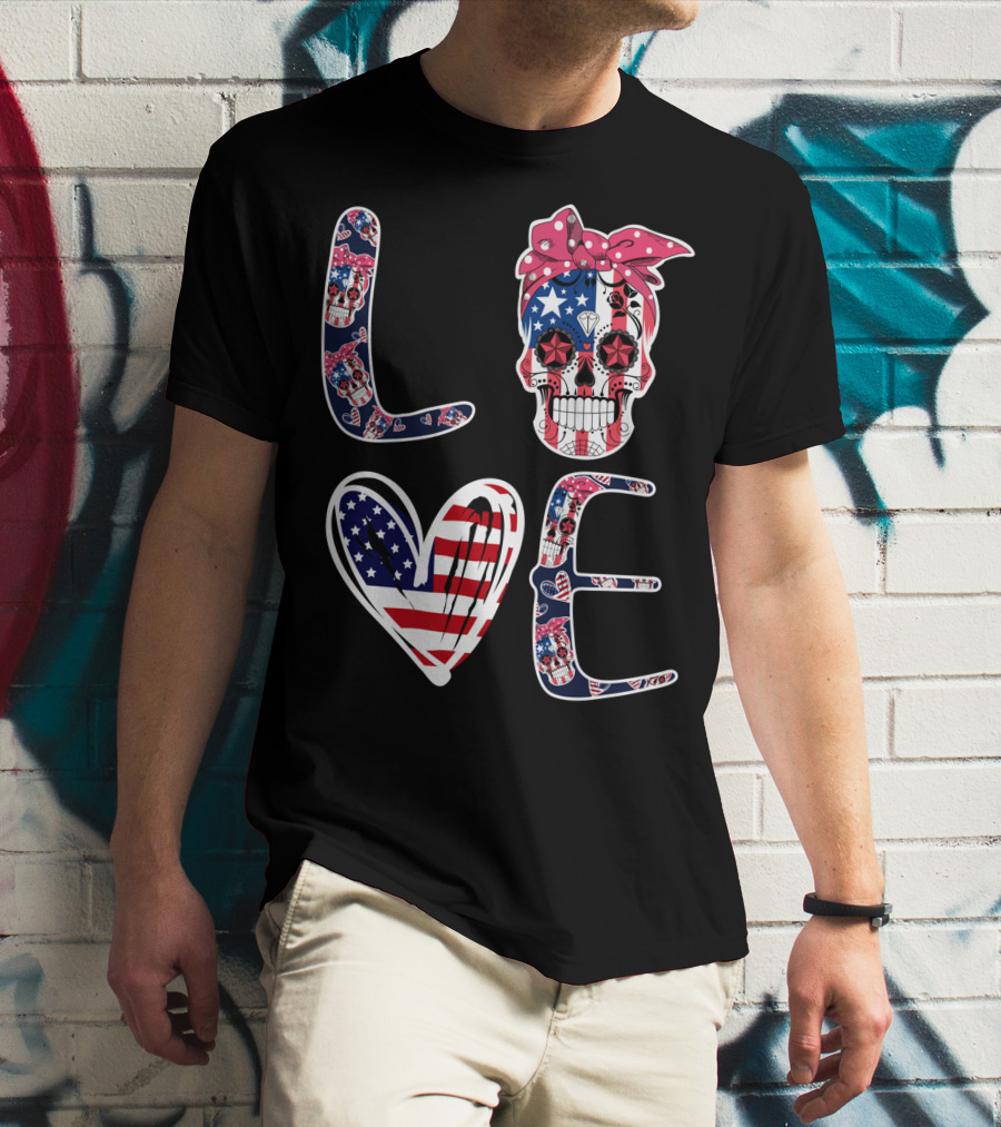 Skull Love American Flag Patriotic Bandana T-Shirt