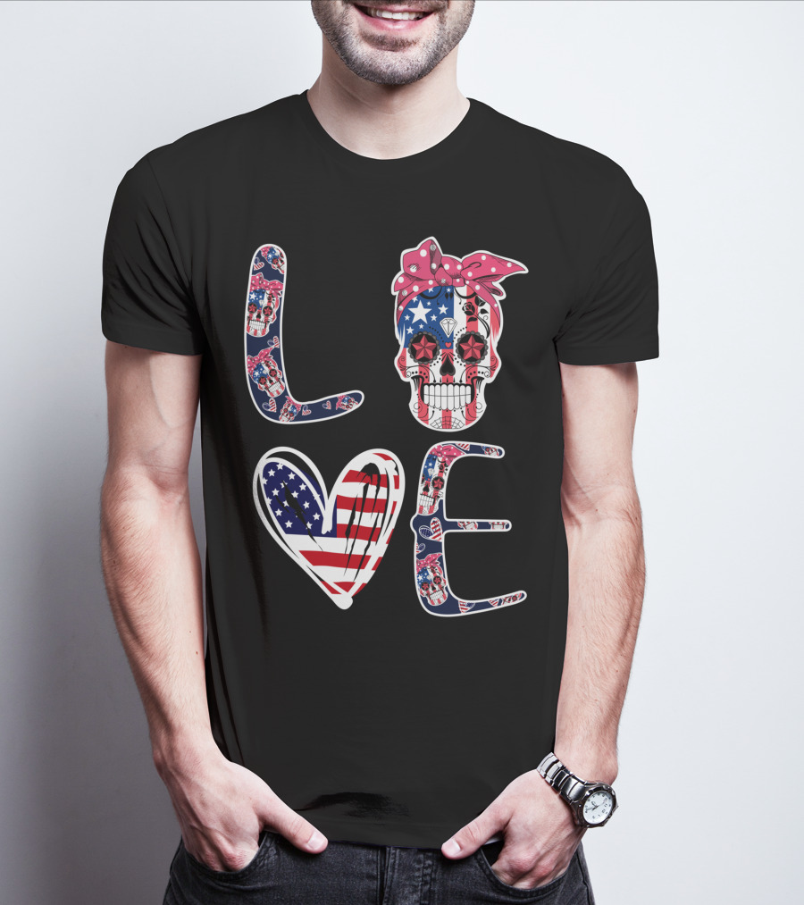 Skull Love American Flag Patriotic Bandana T-Shirt
