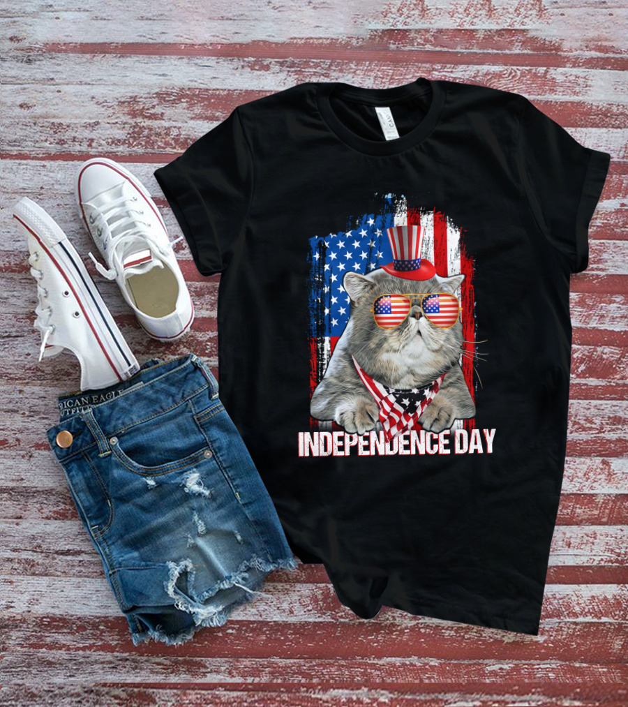 Independence Day Cat With American Flag Glasses And Top Hat T-Shirt