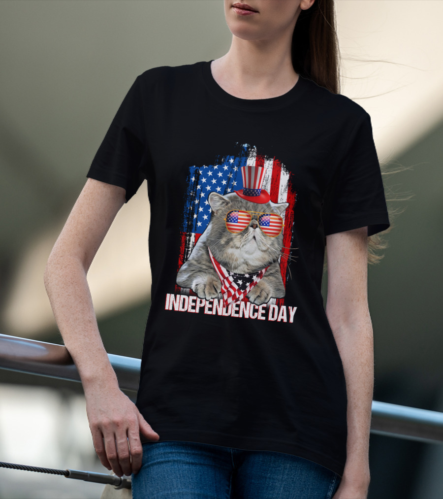 Independence Day Cat With American Flag Glasses And Top Hat T-Shirt