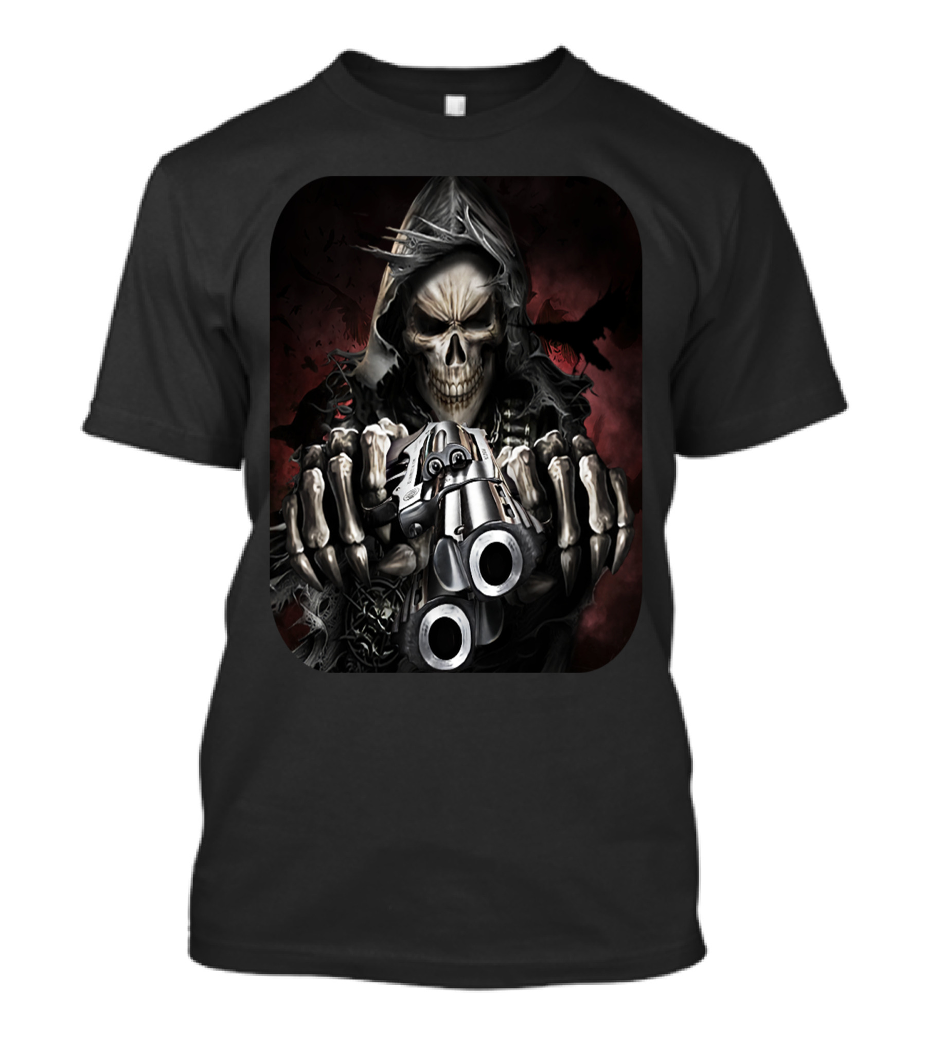 Reaper Skull Hooded Cloaked Figure With Dual Guns T-Shirt