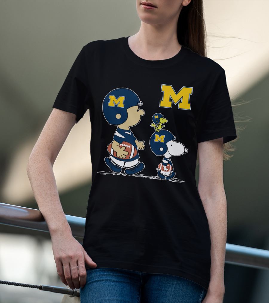 Michigan Wolverines Peanuts Football Characters With Iconic Block M T-Shirt