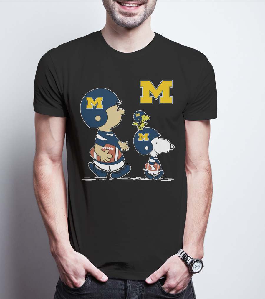 Michigan Wolverines Peanuts Football Characters With Iconic Block M T-Shirt