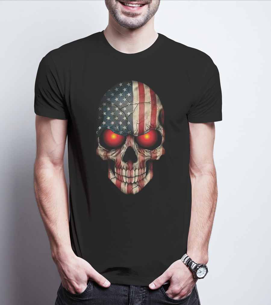 Stars And Stripes Skull With Glowing Eyes T-Shirt