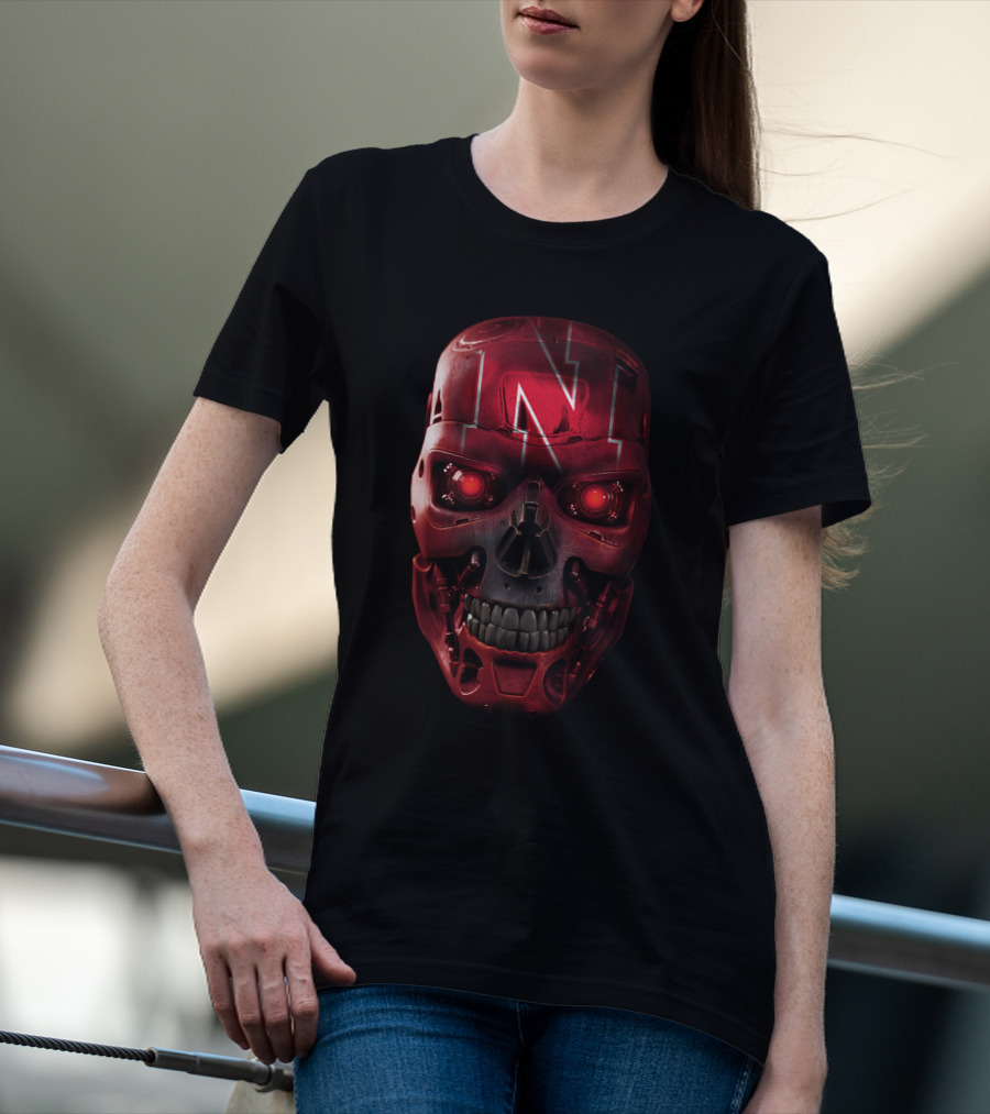 N Red Skull With Robotic Cornhuskers Face T-Shirt