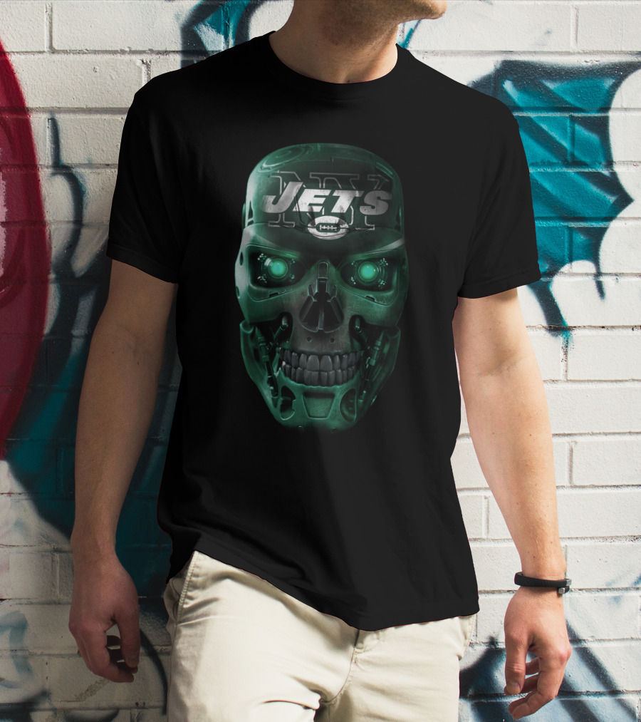 Green Robotic Skull Jets Football T-Shirt