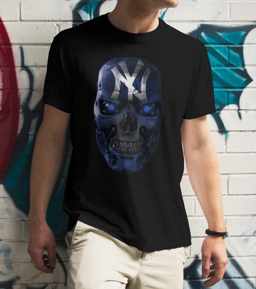 YANKEES SKULL ROBOTIC FACE BLUE GLOWING EYES T-Shirt