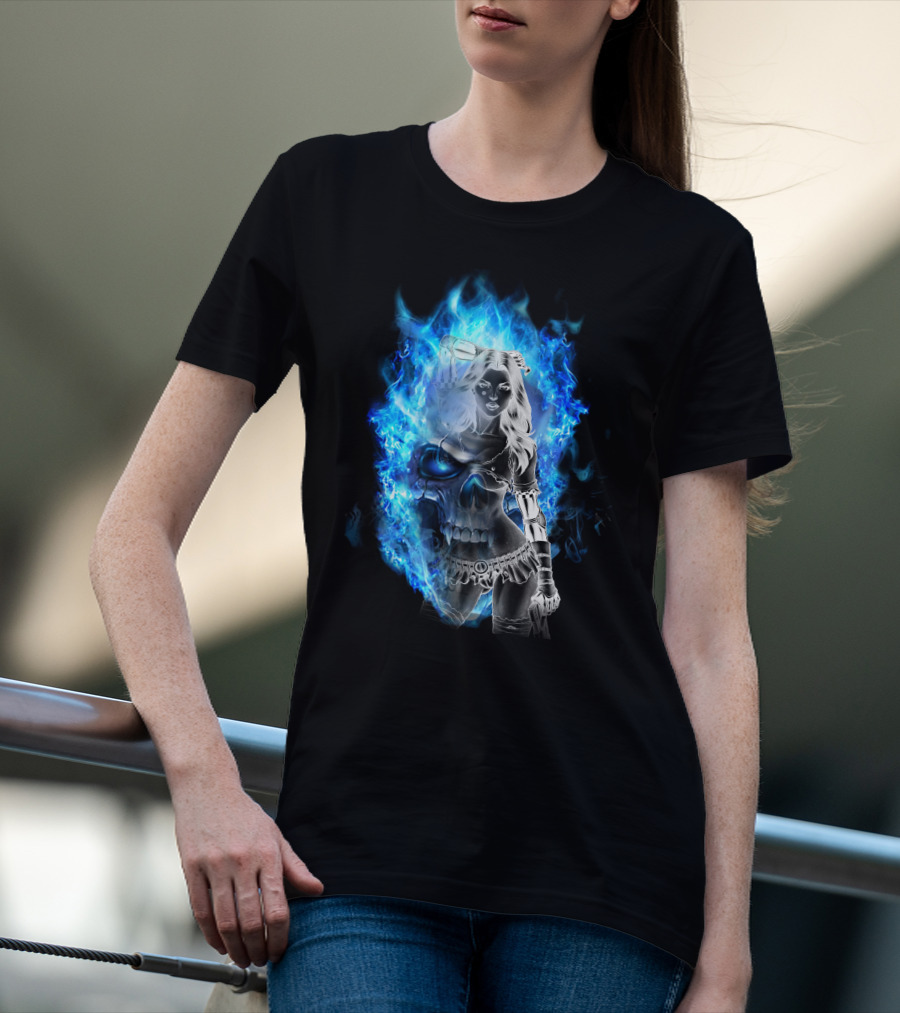 Skull Girl Blue Flames Warrior T-Shirt
