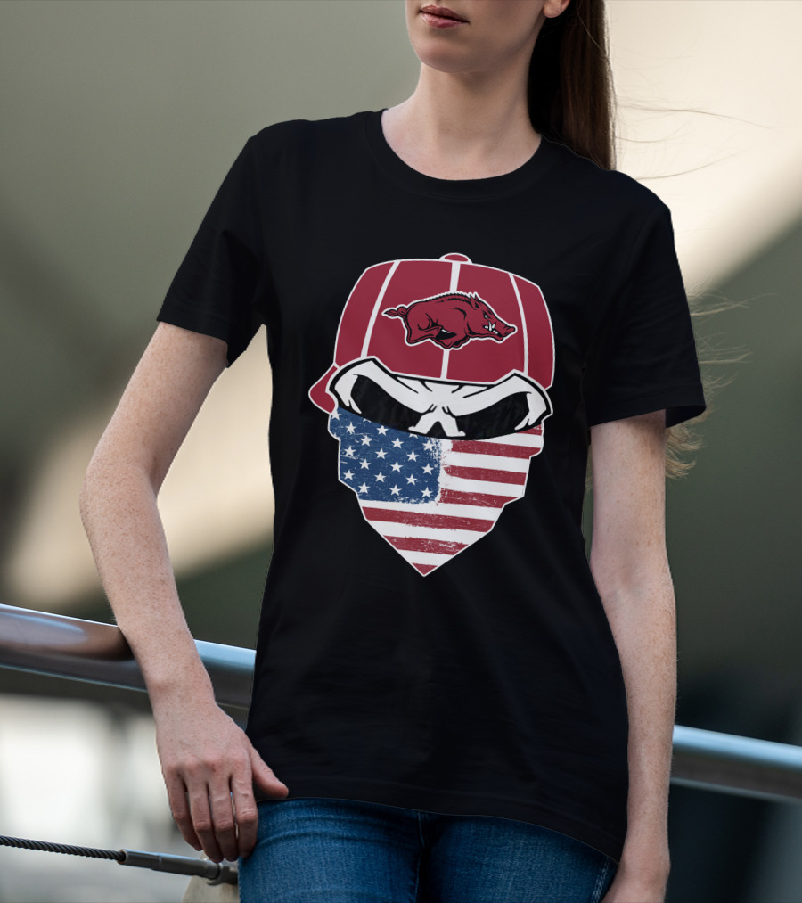 Arkansas Razorbacks Skull American Flag Bandana T-Shirt