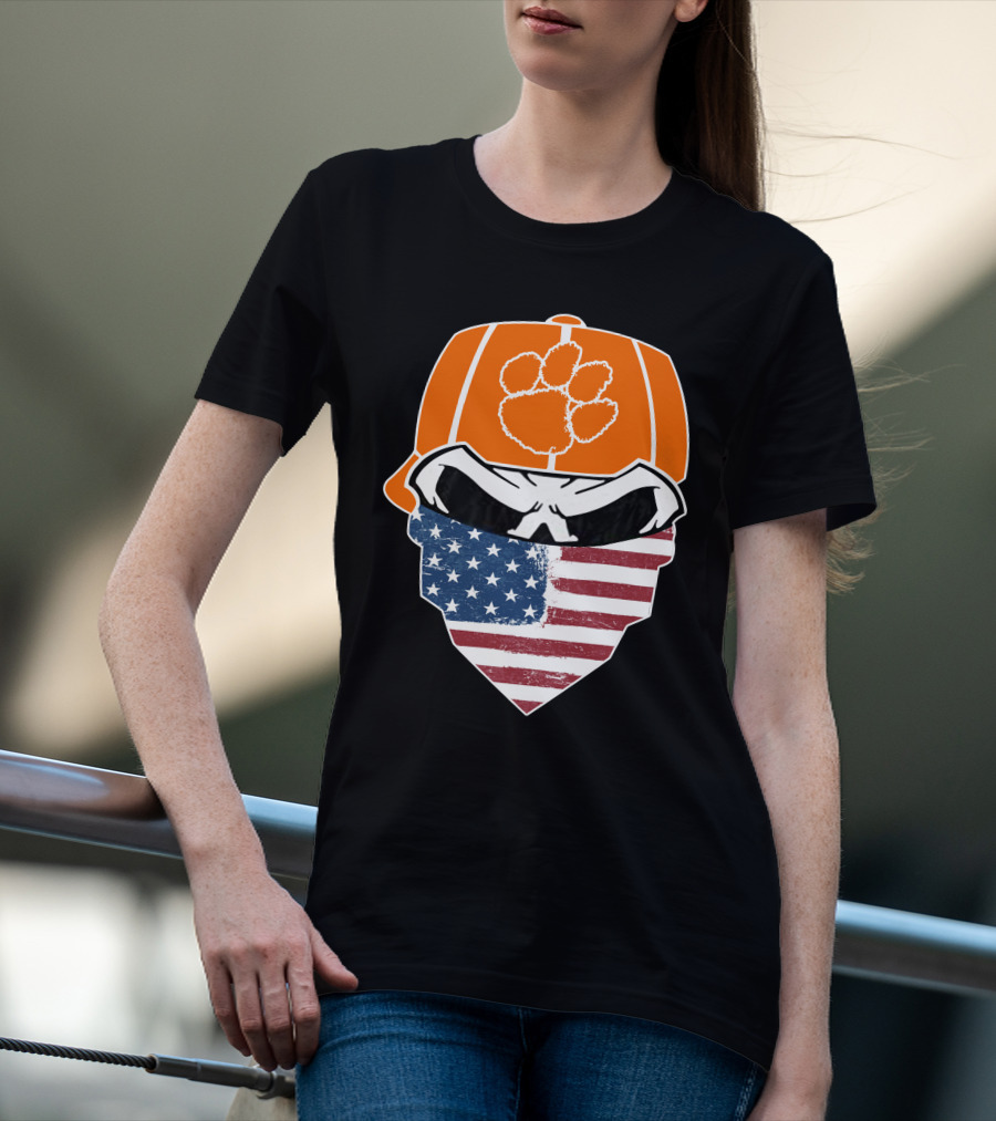 CLEMSON TIGERS Skuls Orange Cap Skull American Flag Bandana T-Shirt