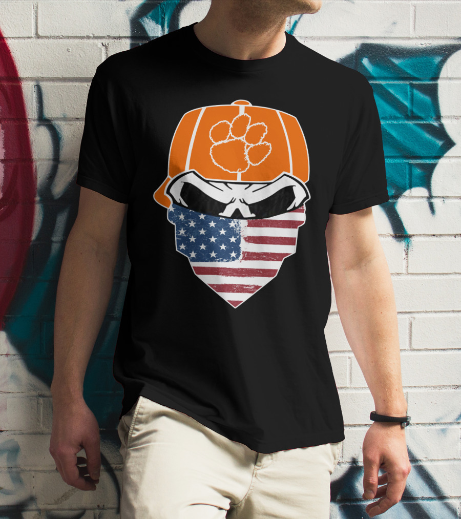CLEMSON TIGERS Skuls Orange Cap Skull American Flag Bandana T-Shirt