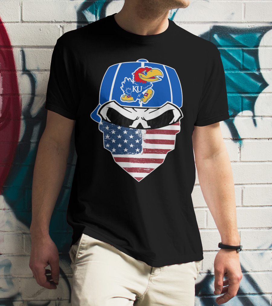 KU Jayhawks Skull American Flag Bandana Cap T-Shirt